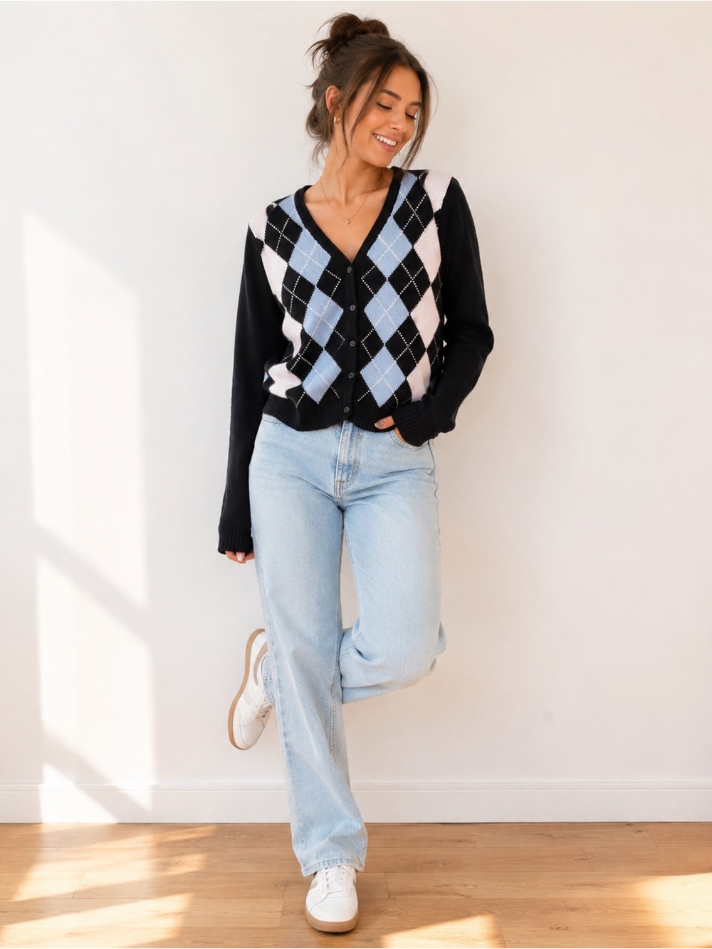 Brandy Melville Navy Blue Elizabeth Argyle Cardigan OS Preppy